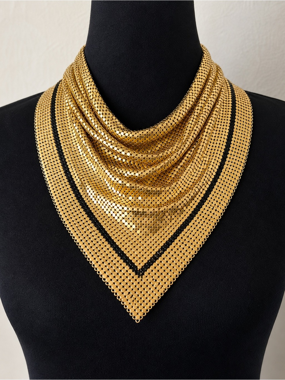 Vintage Signed Whiting & Davis Gold Mesh Bib Necklace with Rare Black Trim